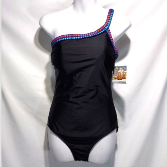 Seekers Australia Other - NEW Seekers Australia One Shoulder Embroidered Swimsuit Black Sz 8